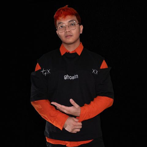 Model wearing Ghostn Shoulder Zip Shirt with layers