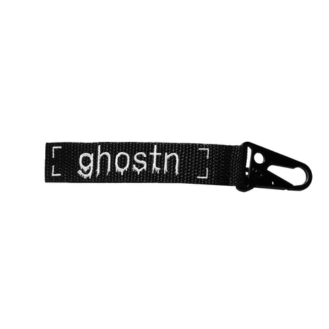 black ghostn embroidered keychain with eaglebeak hook on white background