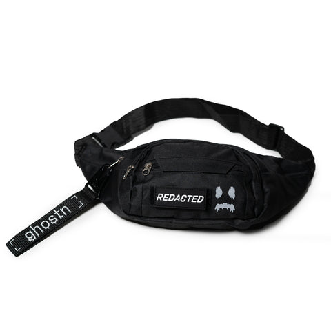 Ghostn black velcro sling bag flatlay with keychain and patch